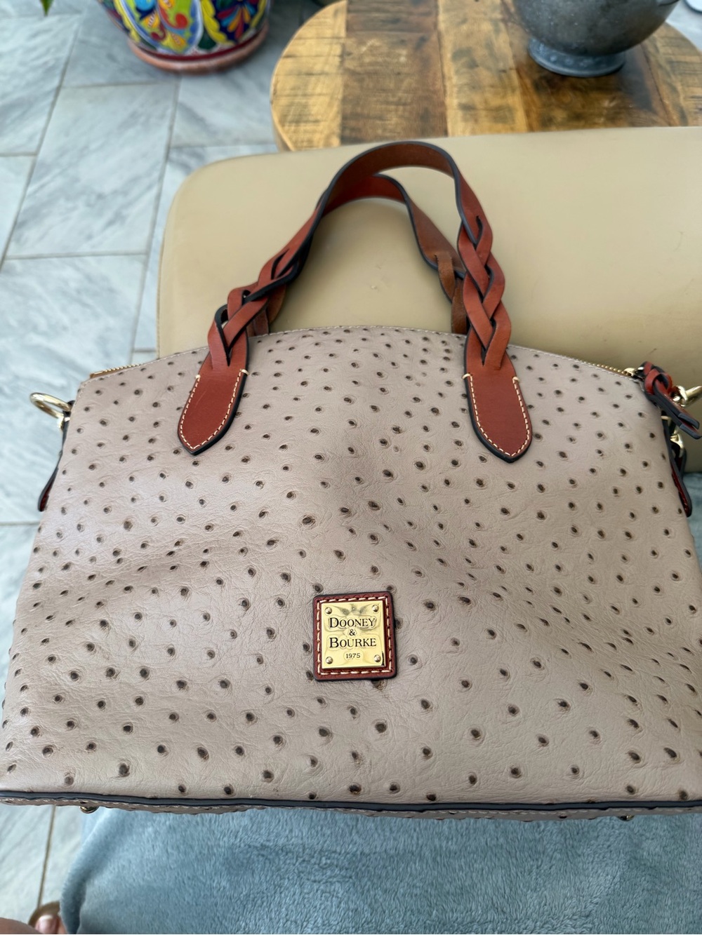 Dooney & Bourke Beige ostrich Satchel with Brown Braided Handles